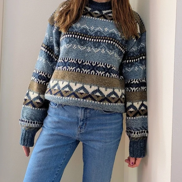 Vintage Abstract Geometric Chunky Textured Crewneck Sweater In Sky Blue/Tan - Picture 1 of 8